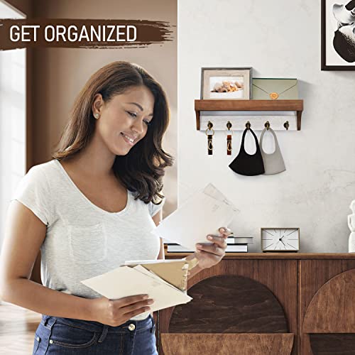 Rebee Vision Key Holder for Wall with Shelf - Farmhouse 2-Color Key Rack with 5 Retro Keys Hooks and Primitive Wood Mail Organizer Wall Mount - Decorative Rustic Home Decor (Brown & White) - color: Brown&White