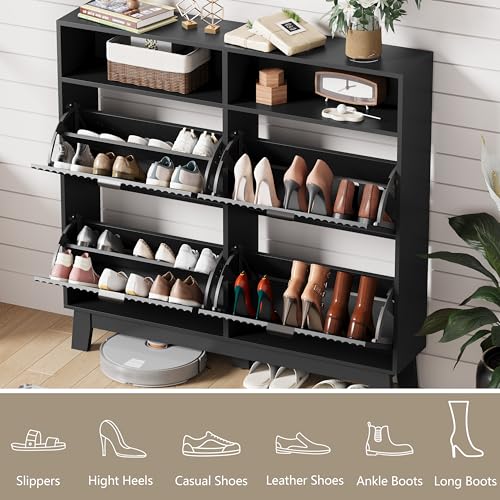 Shoe Cabinet Storage for Entryway with 4 Flip Drawers, Fluted Narrow Shoe Organizer with Wooden Legs & Top Cubby, Freestanding Slim Shoe Storage Hidden Shoe Rack for Front Door Entrance, Black - color: Black, size: 4 Drawer with Cubby