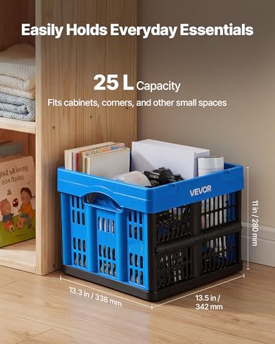 VEVOR Plastic Collapsible Storage Bins, 25L 3 Packs, Stackable Folding Storage Crates with Handles, Holds 22 lbs Per Bin, Foldable Heavy Duty Containers, Space-Saving Baskets, for Home Organizing - size: 25L-Blue-3PC