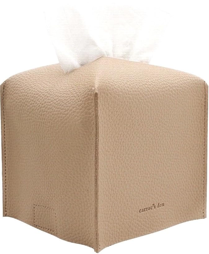 Tissue Box Cover Holder, Square with Bottom Belt by Carrot's Den - PU Leather Decorative Organizer for Tabletop, Bathroom, Car, Office | Beige - color: Beige