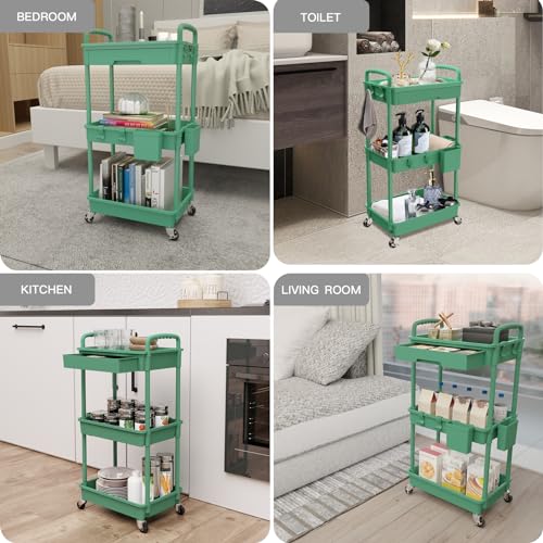 REBECAT 3 Tier Rolling Utility Cart with Drawer,Rolling Storage Cart,Storage Cart for Kitchen,Bathroom,Living Room, Organizer with Iron Wheels(Green) - color: Green