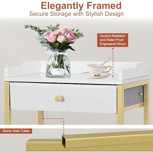 Gold & White Side Table with Storage Basket, Tall End Table with Drawer, 4-Tier Bathroom Storage Shelf with Optional Wheels, Nightstand for Dorm, Living Room, Bedroom - color: Gold With White