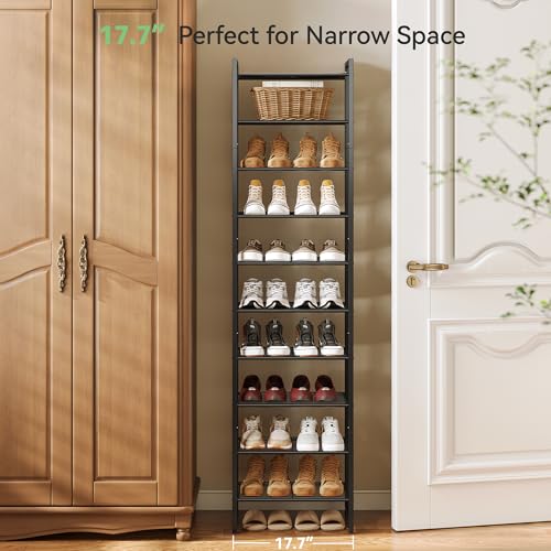 Nunsino Narrow Shoe Rack, 10-Tier Metal Shoe Organizer,Tall Shoe Shelf with Anti-Tip Strap, Max Holds 20 Pairs,Space Saving for Closet,Entryway,Black - color: Black, size: 10 Tier