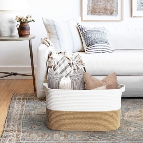 Extra Large Blanket Basket, 23.6"x15.7"x14.1" Woven Blanket Storage for Living Room, Big Cotton Rope Kids Dog Toy Bin Box, Decorative Rectangle Pillow Holder, Baby Laundry Basket, Camel - color: Camel and White