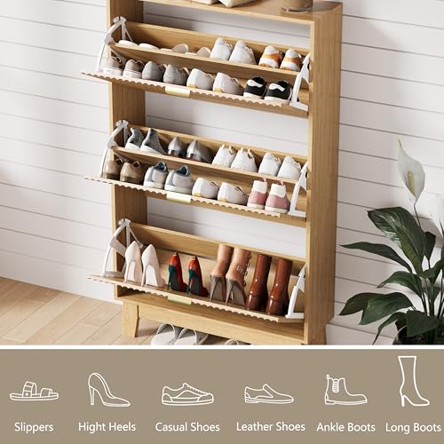 HUANLEGO Shoe Cabinet Storage for Entryway with 3 Flip Drawers, Fluted Narrow Shoe Organizer with Wooden Legs, Freestanding Slim Shoe Storage Hidden Shoe Rack Organizer for Front Door Entrance, Oak - color: Oak, size: 3 Drawer
