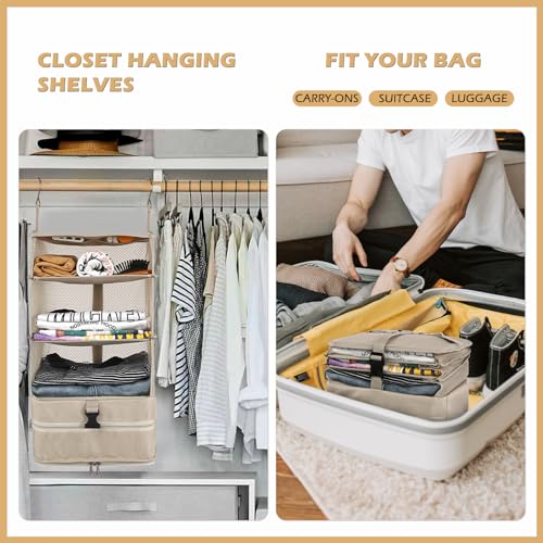 Surblue Hanging Closet Storage Bag Collapsible 3-Shelf Washable Oxford Fabric with 2 Hooks (L 11.41 * 11.41 * 19.68in, Beige) - color: Beige, size: L 11.41*11.41*19.68in