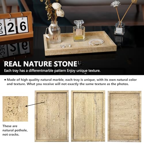 Real Natural Travertine Tray for Bathroom, Vanity, Kitchen and Desktop, Rectangle Genuine Travertine Stone Tray for Jewelry, Cosmetics, Candles, Lotion, Perfume and Home Decor - color: Travertine, size: 12" x 8" x 1.2"