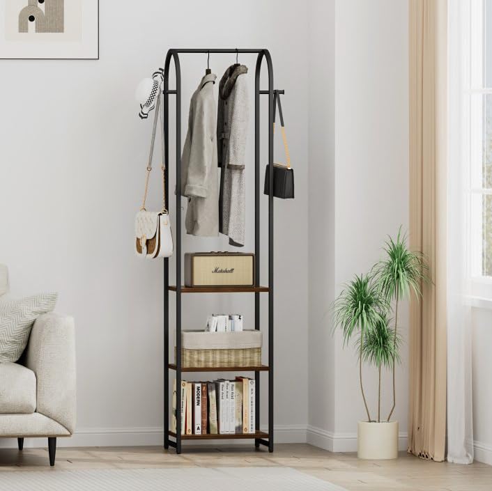 Garment Rack, Coat Rack With 3 Shelves and 4 Hooks, 71" H Clothes Stand For Hanging Clothes, Hanging Rod For for Bedroom, Hallway, Entryway, Office, Living Room, Rustic Brown and Black - color: Rustic Brown and Black, style: with Arched Top