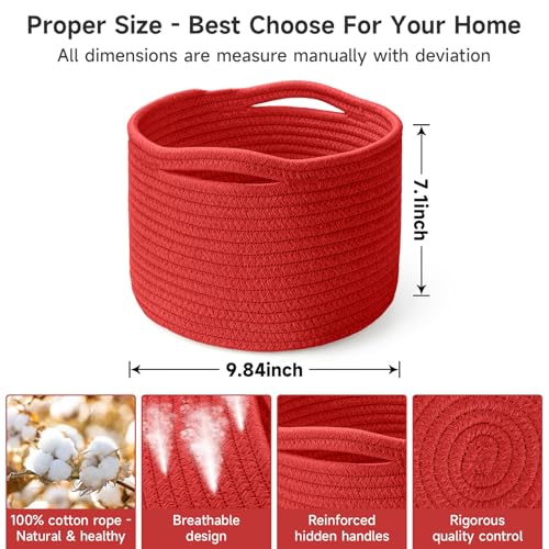 Small Rope Baskets for Storage, Baskets for Gifts Empty, Cute Round Woven Basket, Decorative Shelf Baskets 9.82×9.82×7.1", Cotton Toy Basket Storage Bins for Organizer 3 Packs-Red - color: Red-3PCS