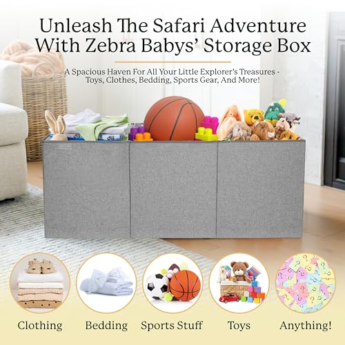 Zebra Baby Extra Large Toy Box Chest for Kids — Collapsible Toy Storage Organizer with Lid, 40" Wide, Removable Dividers, Boys & Girls - color: Grey