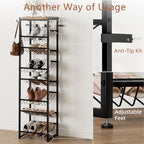 8 Tier Rotating Vertical Shoe Rack Tower, Wooden Tall Shoe Storage Organizer with Hooks, Sturdy Metal Narrow Shoe Shelf for 8-16 Pairs, Space Saving Rack for Closet Entryway, Rustic Brown - size: 8-tier(13.9 × 11.2 × 52.0)