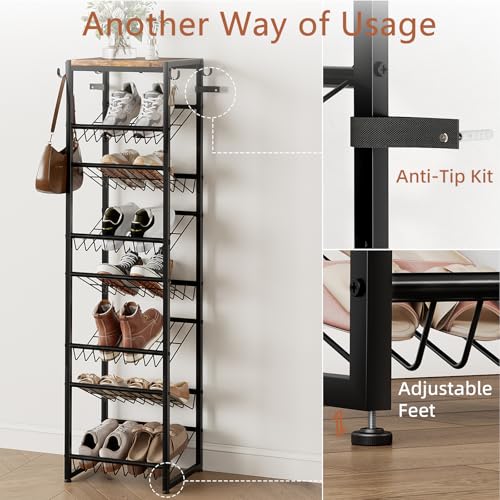 8 Tier Rotating Vertical Shoe Rack Tower, Wooden Tall Shoe Storage Organizer with Hooks, Sturdy Metal Narrow Shoe Shelf for 8-16 Pairs, Space Saving Rack for Closet Entryway, Rustic Brown - size: 8-tier(13.9 × 11.2 × 52.0)