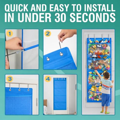 Honeyera Storage for Stuffed Animal - Over Door Organizer for Stuffies, Baby Accessories, and Toy Plush/Easy Installation with Breathable Hanging Pockets - color: Blue