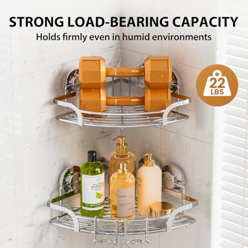 LEVERLOC 2 Pack Powerful Suction Cup Corner Shower Caddy, Stainless Steel Rustproof Shower Shelf with Hooks, Drill-Free Wall Mounted Bathroom Organizer, Large Capacity Removable Suction Basket, Silver - style: Corner Caddy, Silver