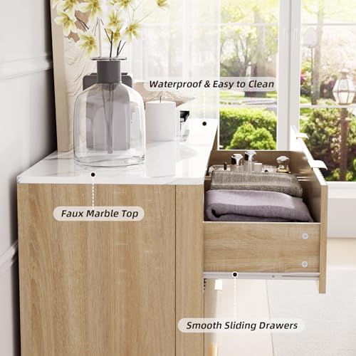 VOWNER Fluted 6 Drawers Dresser for Bedroom, 54" Wide Modern Chest of Drawers with Metal Handle, Closet Clothes Storage Organizer, Wood Dresser TV Stand for Living Room, Closet, Hallway, Entryway - color: Oak & Marble