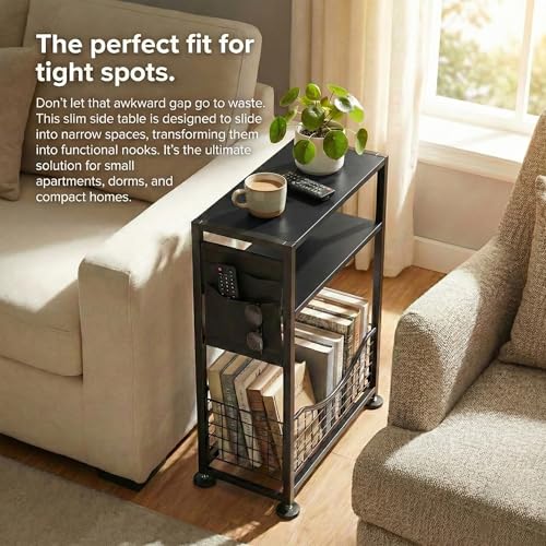 Skinny Side Table with Storage, 3 Tier Slim Side Tables for Small Spaces, Skinny End Table Narrow Bedside Table Narrow Side Table for Living Room, Bedroom - color: Black