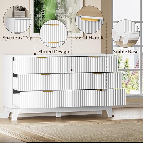 BORNOON Fluted 6 Drawer Dresser, 47.2" Wide Modern Boho Chest of Drawers, Wooden Storage Dresser TV Stand for Bedroom, Living Room, Closet, Hallway, Curved Profile Design - color: Pure White, size: 6-Drawer
