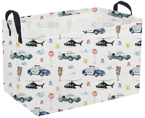 Sanjiaofeng Rectangular Police Car Storage Basket,Boys Toy Storage Bin,Nursery Hamper,Kids Storage Basket with Handles for Car Decor,Home Organizer,Books Box,Gift Baskets(Police Cars) - color: Police Cars