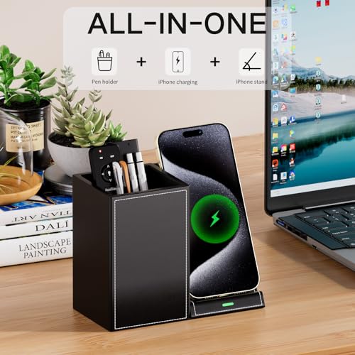 LADSTAG Pen Organizer with Phone Stand,Black Vegan Leather Desk Organizers with Remote Control Holder,Pencil Holder for Desk,Desk Organizer with Phone Charger for Office/Nightstand/Endtable - color: Black, size: S
