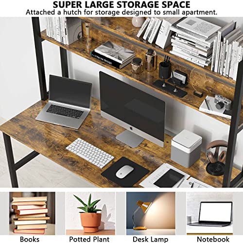 Aquzee Computer Desk with Hutch, 47“W x 23.6" D Desk with Shelves, Tall Home Office Desk with Bookshelf, Metal Legs Study Table with Upper Storage Shelf for Study Writing/Workstation - color: Brown, size: 47inch