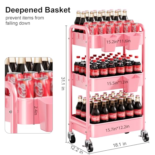 3 Tier Rolling Cart on Wheels, Metal Utility Storage Cart with Wheels, Three Tiered Craft Carts Organizer with Hanging Cups, Hooks, Mesh Basket for Bedside, Kitchen, Bathroom, Office, Art, Snack, Pink - color: Pink, size: 3-Tier + Cups + Hooks