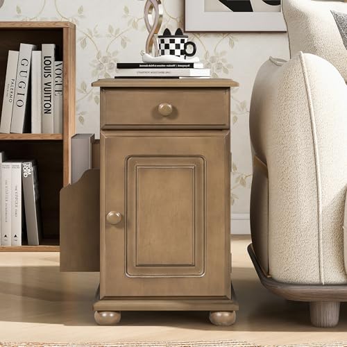 Multifunctional Vintage End Table Flip Top Side Table with USB Ports and 1 Drawer with Cup Holders, Sofa Side Narrow Table Nightstand with Bookshelf for Living Room Bedroom (Brown-5.8) - color: Brown-5.8