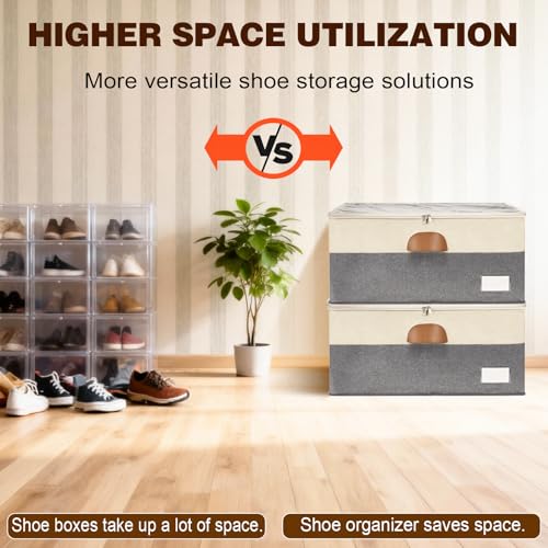 2 Pack Shoe Organizer for Closet, Adjustable Shoe Box Storage Containers, Large Foldable Shoe Bins with Clear Cover, Space Saving Shoes Holder with 4 Handles, Fits 24-48 Pairs, Beige - color: Beige and Grey, size: (2 Pack) 25 ½"L x 17"W x 12 ½"H
