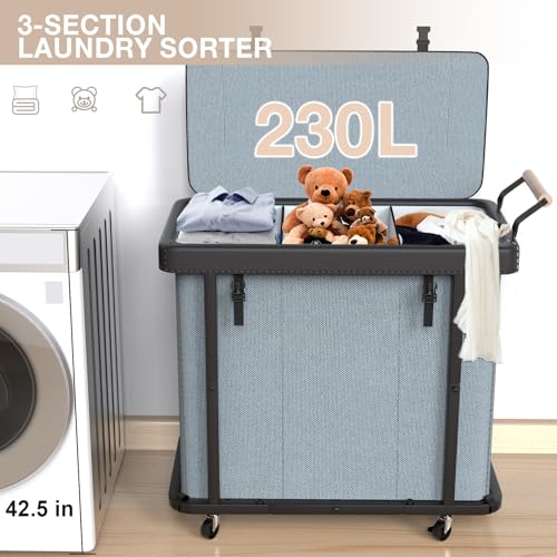 60 Gal (230L) Laundry Hamper 3 Section with Lid, Leather Patchwork Laundry Sorter with Rolling Lockable Wheels and Handle, Laundry Basket Organizer for Laundry Room, Bedroom and Bathroom - Gray - color: Gray-3 Section, size: 3 Section