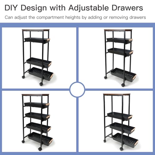 5 Tier Slim Rolling Storage Cart with Wood Top, Narrow Laundry Room Organizer for Tight Gaps, Metal Bathroom Gap Filler, Kitchen Pantry Trolley, Small Spaces (Black) - color: Black