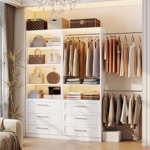 Closet System with 12 Drawers, 96" Wood Closet Organizer System, Walk-in Closet or Small Closet System with Shelves, Modular Closet Systems with 6 Expandable Hanging Rods, 4 Sets, White (8FT) - size: 8FT