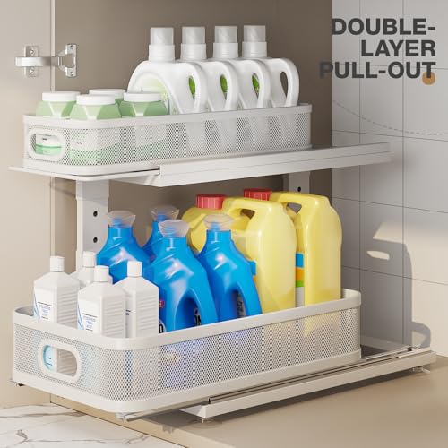 2 Pack 18.5IN-Depth Under Sink Organizer With Next-Gen Ball-Bearing Slides,2-Tier Precision Mesh Pull Out Cabinet Storage for Bathroom&Kitchen,Height Adjustable Drawers Shelf,Anti-rust-White - color: White, size: 2 Pack-18.5"Dx12.4"-16.5"H