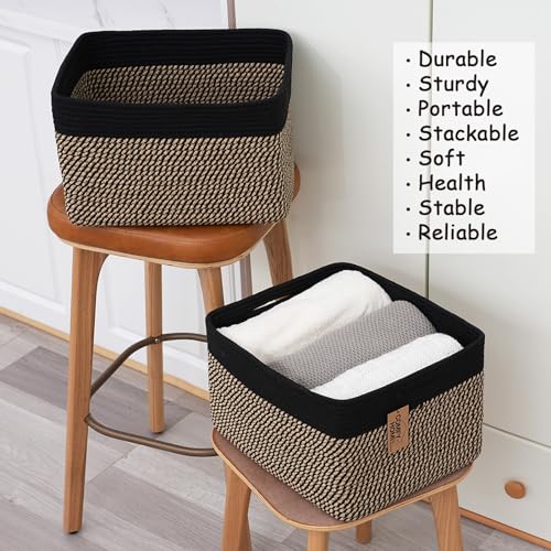 COMFY-HOMI Cotton Rope Woven Basket with Handles for Shelves,Toys,Book, Cloth Storage Baskets Bin for Organizing-13.5"x11"x9.5" Toy Decorative Organizer for Living Room, Bathroom-Black/Jute - color: squ-black/camel, size: 13.5"X11"X9.5"