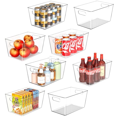 8 Pack Large Clear Plastic Storage Bins, Refrigerator Cabinet Organizers with Handles for Pantry Organization and storage, Perfect for Home Organization, Kitchen, Laundry, Office& Garage - size: 8 Large & 0 Small