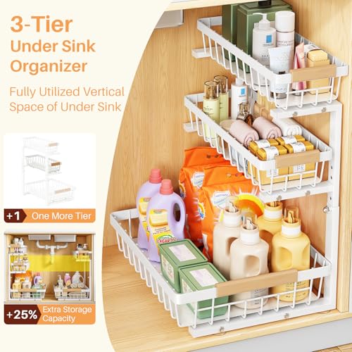 PXRACK Under Sink Organizer, 2-Pack 3-Tier Height Adjustable Thickened Metal Pull out Cabinet Organizer Shelf, Slide out Storage Drawer Rack for Bathroom Kitchen Pantry Home Organization, White - color: White