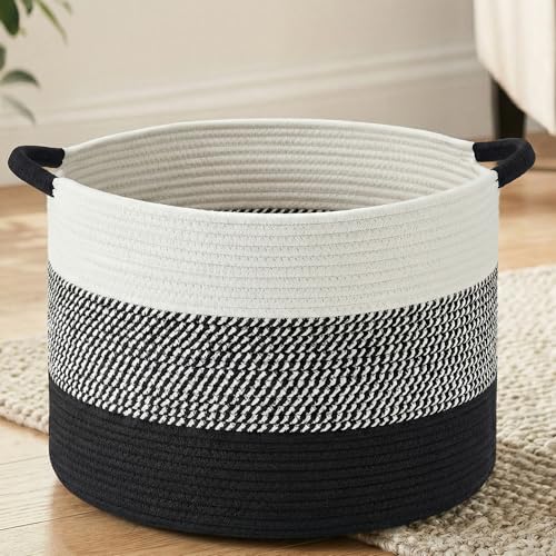 Artfeel 40L Large Cotton Rope Basket, Decorative Woven Blanket Storage for Living Room, Boho Toy Storage & Toy Box for Kids, Versatile Laundry Basket & Nursery Hamper for Blankets(Black) - color: Black, size: 40L