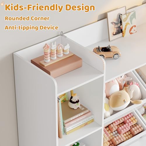 Toy Storage Organizer, Toy Organizer with 4 Movable Drawers and 4 Box Bins, Kids Playroom Storage Organization with Hidden Wheels for Living Room, Kids Room