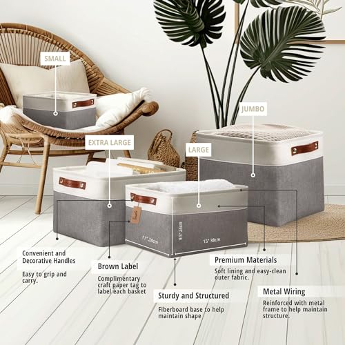 DECOMOMO Storage Bins, Large Fabric Storage Baskets for Shelves, Decorative Linen Closet Organizer, 15 x 11 x 9.5 inches (Grey & White, 3 Pack) - color: Grey and White, size: Large/3P