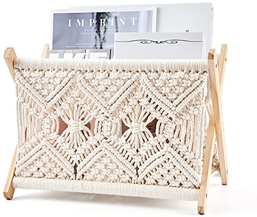 Mkono Macrame Magazine Rack Boho Storage Holder Standing Basket for Books, Newspapers, Swaddle Blanket, Dorm Essentials, Living Room, Bathroom, Office, Nursery, Home Decor, Medium Size, 14”L x 10”W