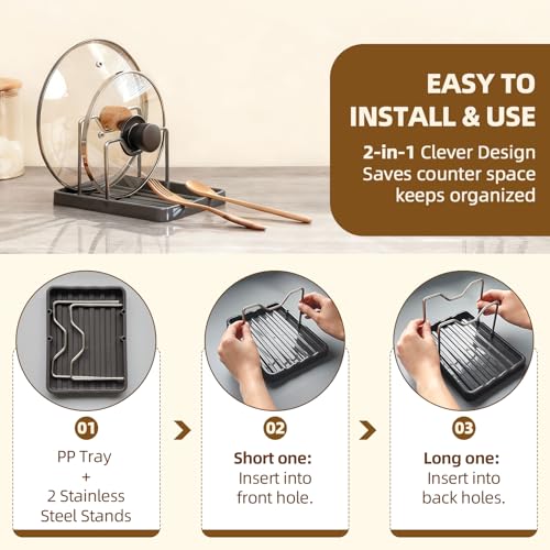 2 in 1 Pot Lid Holder & Spoon Rest for Kitchen Counter, Plastic Utensil Rest with Stainless Steel Pan Lid Holder Organizer While Cooking, Countertop Space Saving Pot Cover Rack | Easy to Clean - color: Gray- 1 Pack