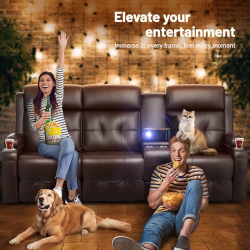 Loveseat Recliner Sofa, 3-Seater Home Theater Seating Massage Reclining Couch with 7 Led Lights, USB, Console, Wall Hugger RV Recliners, 145° Recline & Cup Holders & Side Pockets, for RV & Movie Room - color: Brown, size: 3-Seater 87''