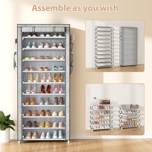 VTRIN Vertical Narrow Shoe Rack Organizer Tall Shoe Rack for Closet Entryway 10 Tier Non-Woven Cover Shoe Shelf Holds 36-41 Pairs Free Standing Shoe Storage Cabinet with Dustproof Cover, Multi Color - color: Multi Colo, size: 24.8"W x11.8"D x 68.9"H