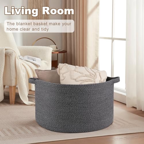 OIASKET Large Woven Baskets for Storage, 23.6" x 23.6" x 14.6" Blanket Storage Living Room, Baby Toy Basket for Clothes, Pillows, Towels, Shoe Basket for Entryway (Dark Grey) - color: Dark Grey, size: 105L