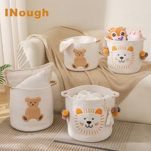 Large Blanket Baskets for Living Room Decor, Toy Storage Baskets Woven Cotton Rope Animal Storage Basket for Kids, Dog Toys Organizer Clothes Hamper with Embroidery Decor for Nursery (Large, Lion) - color: Lion, size: Large