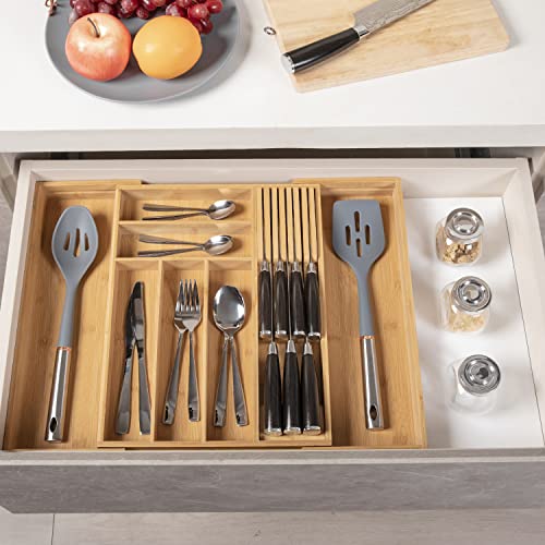 TIOPGHAD Bamboo-Silverware-Drawer-Organizer-Kitchen, Expandable Utensil Holder Cutlery Tray Flatware Organization Adjustable Wood Tableware Dividers Storage (with Removable Knife Block)(Natural) - color: Natural, size: Large