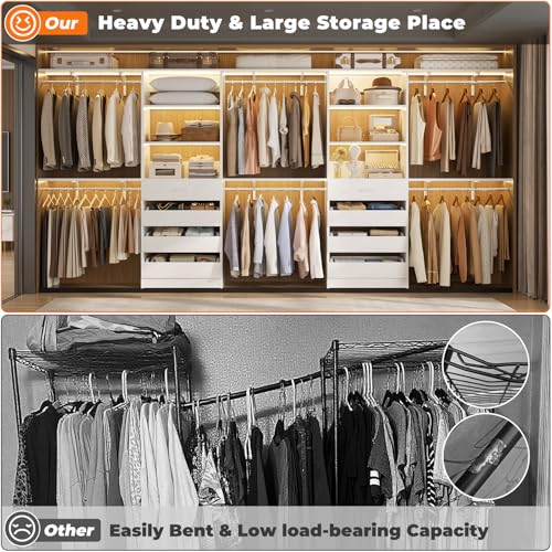 Aheaplus Closet System with Drawers Set of 2, Wood Closet Organizer System with 8 Hanging Rods & Top Shelves, Walk-in Closets Organizer Wardrobe Clothes Rack System, Cut Fits Spaces 4-9FT, White1 - color: White