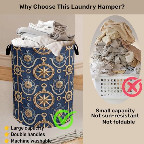 Navy Blue Sailor Anchor Laundry Basket with Handles - Extra Large Foldable Hamper for Bathroom/Laundry/Bedroom/Dorm, Washable Fabric Storage Bin - color: Navy Blue Sailor Anchor