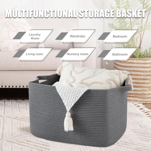 65L Cotton Rope Large Blanket Basket (19.7"x15.7"x11.8") for Living Room, Kids Room & Laundry, Storage Basket with Handle for Organizing Blankets, Pillows, Clothes & Toys, Dark Grey - color: Dark Grey, size: 19.7"x15.7"x11.8"