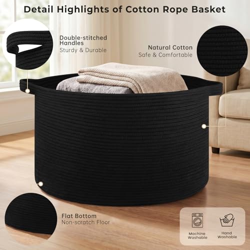 OIAHOMY 90L Blanket Basket for Living Room, Large Basket 23" x 23" x 13" with Handle, Laundry Hamper for Blankets, Pillows, Toy Storage for Kids, Dogs - Black - color: Black, size: 23" x 23" x 13"