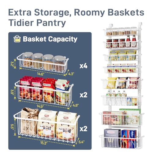 Over The Door Pantry Organizer, 8-Tier Over The Door Organizer with Adjustable Baskets, Metal Hanging Spice Rack for Pantry Organizers and Storage, Suitable for Kitchen Laundry Room & Bathroom, White - color: White