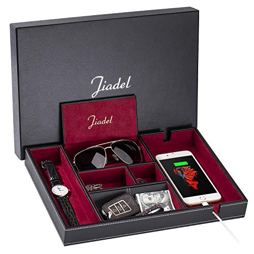 Valet Tray | 6 Compartments | Bedroom Organizer with Charging Station | Perfect for Men and Women | Black PU Leather | Decorative Gift Box | RED … - color: Red